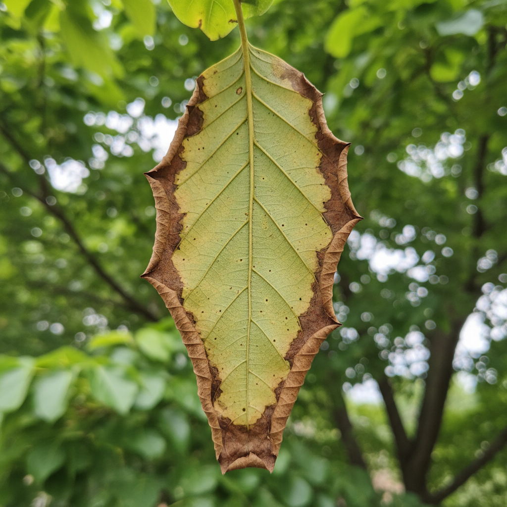 Close-up of a damaged tree leaf, showing brown edges from stress, against a blurred green background.