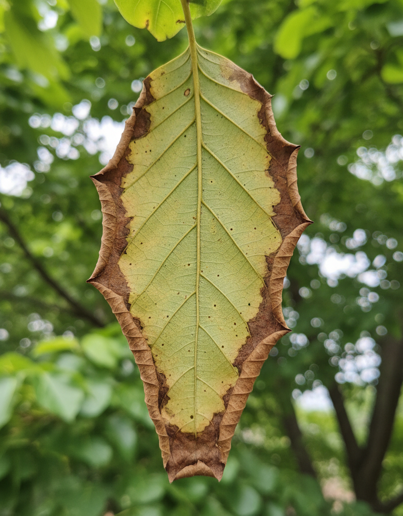 Close-up of a damaged tree leaf, showing brown edges from stress, against a blurred green background.