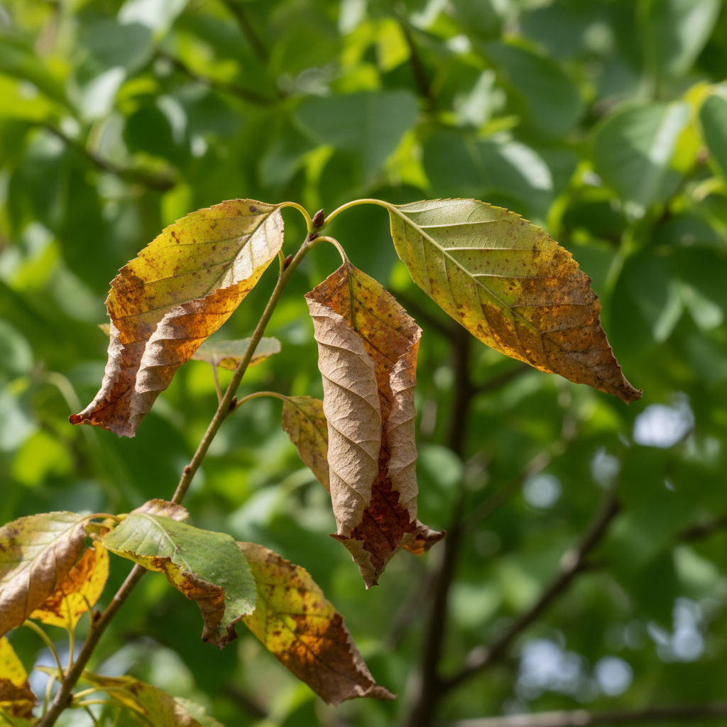 Close-up of tree leaves turning brown, showing stress and discoloration