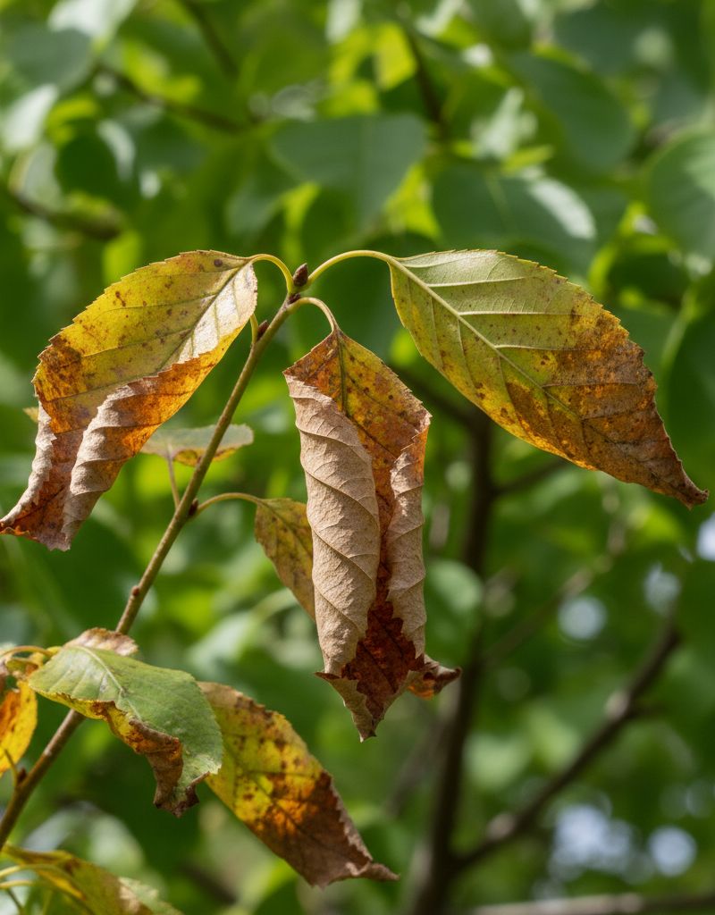 Close-up of tree leaves turning brown, showing stress and discoloration