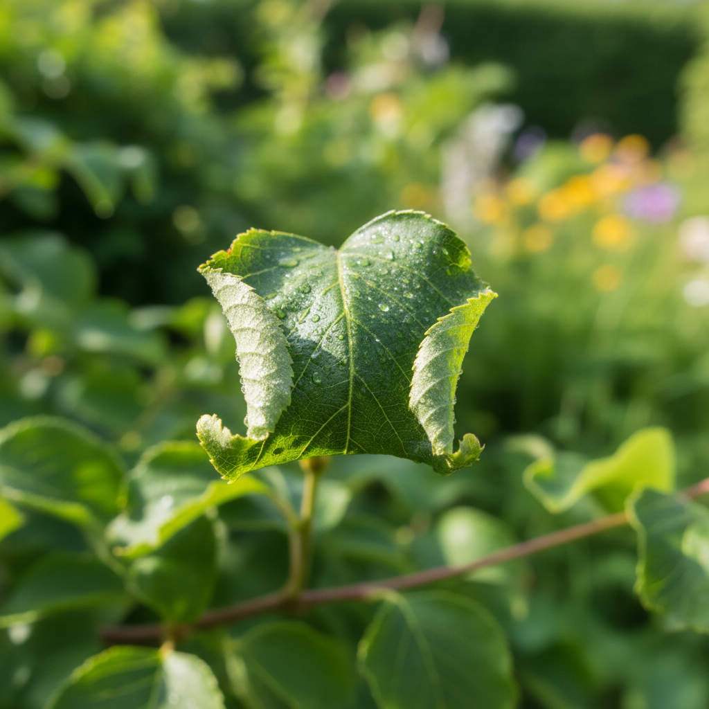 Close-up of a green tree leaf visibly curled inward, a common sign of midsummer stress.