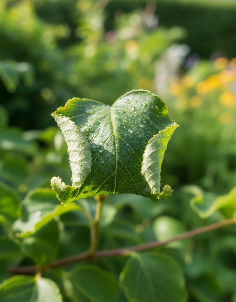 Close-up of a green tree leaf visibly curled inward, a common sign of midsummer stress.