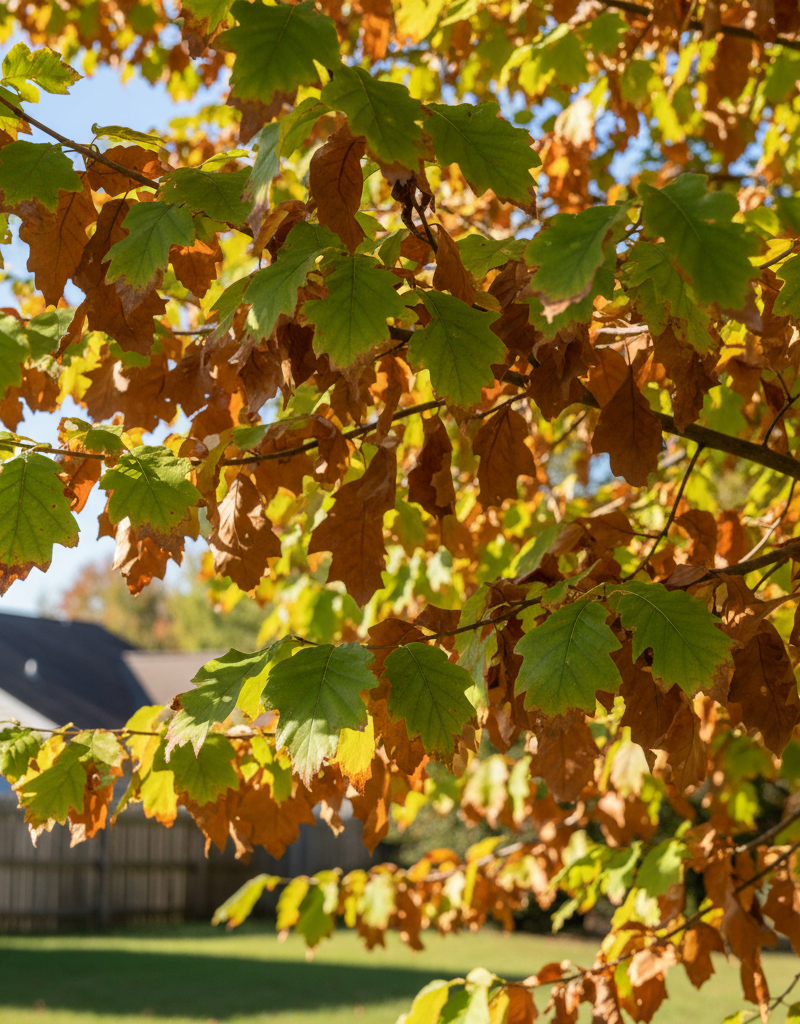 Close-up of tree leaves showing browning and green. Some leaves are fully brown, others are partially discolored.