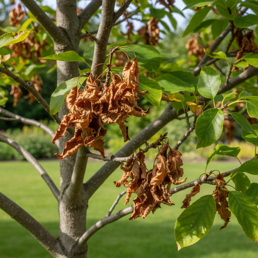 Tree branch with green leaves transitioning to brown, indicating stress or disease.