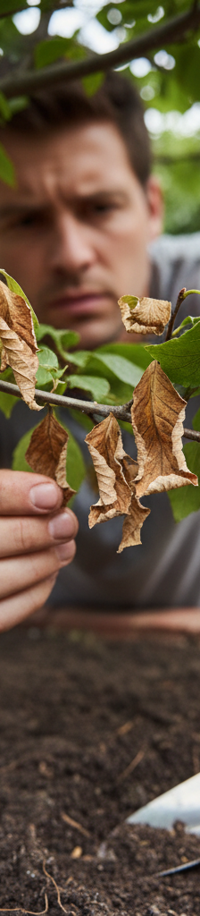 Homeowner examining a browning tree leaf, checking soil moisture with a trowel at the tree's base.