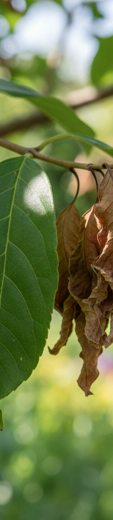 Healthy green leaves next to shriveling, brown leaves on a tree branch, illustrating the problem.