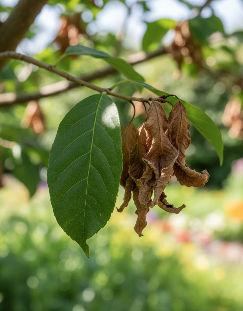 Healthy green leaves next to shriveling, brown leaves on a tree branch, illustrating the problem.