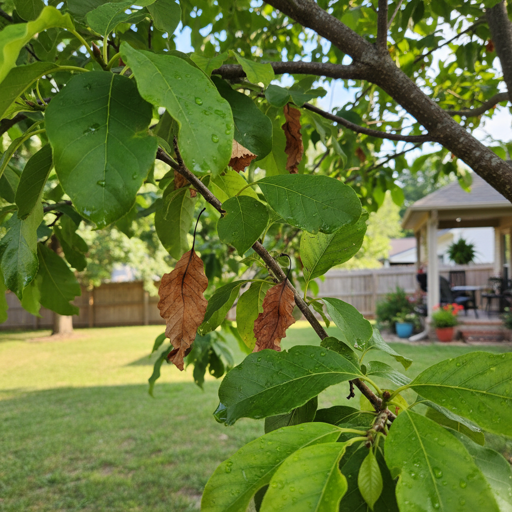 Tree with both healthy green leaves and brown, crispy leaves showing signs of stress.