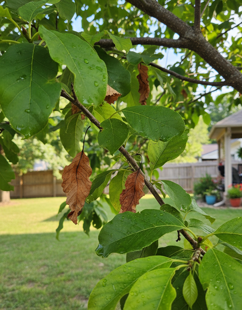 Tree with both healthy green leaves and brown, crispy leaves showing signs of stress.