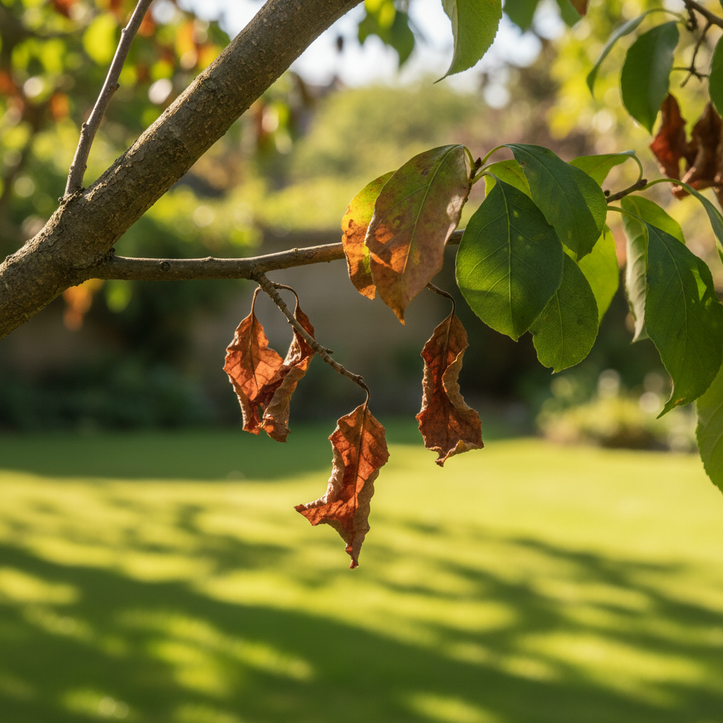 Tree branch with some leaves turning brown next to healthy green leaves, indicating stress