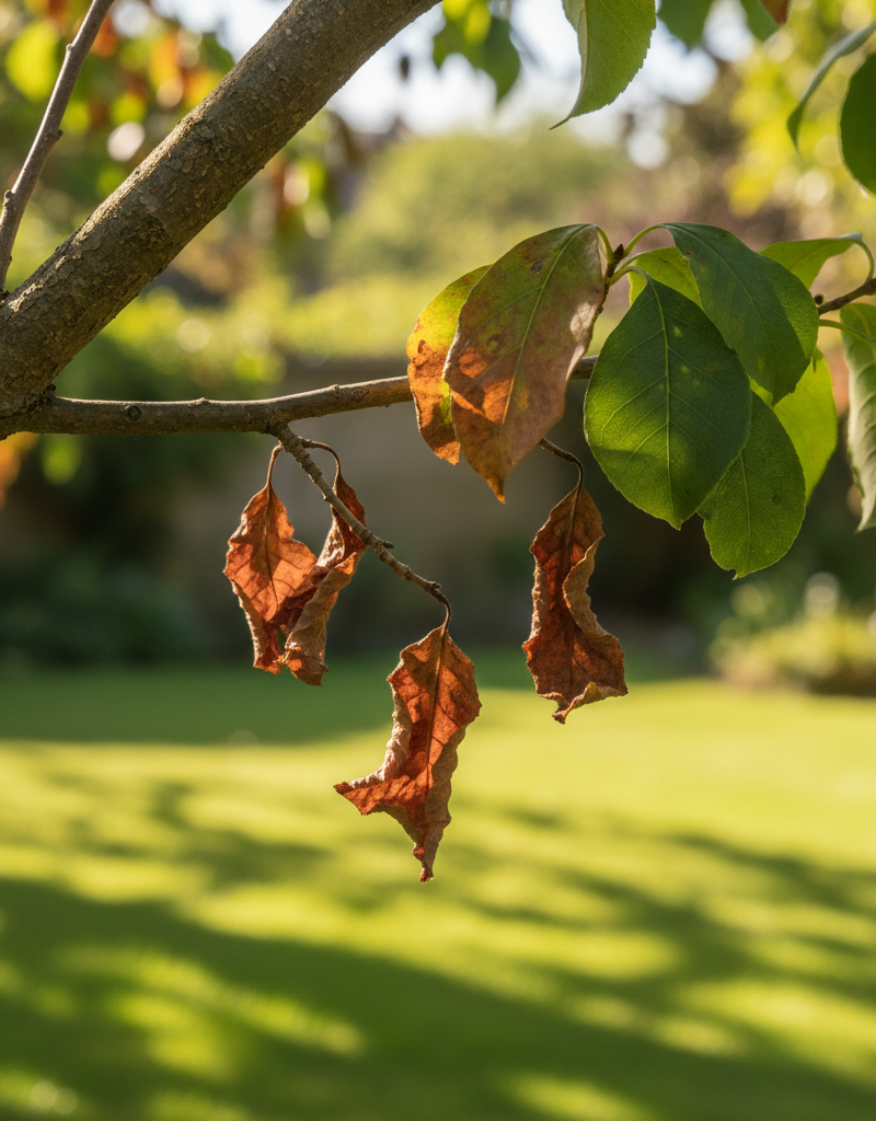 Tree branch with some leaves turning brown next to healthy green leaves, indicating stress