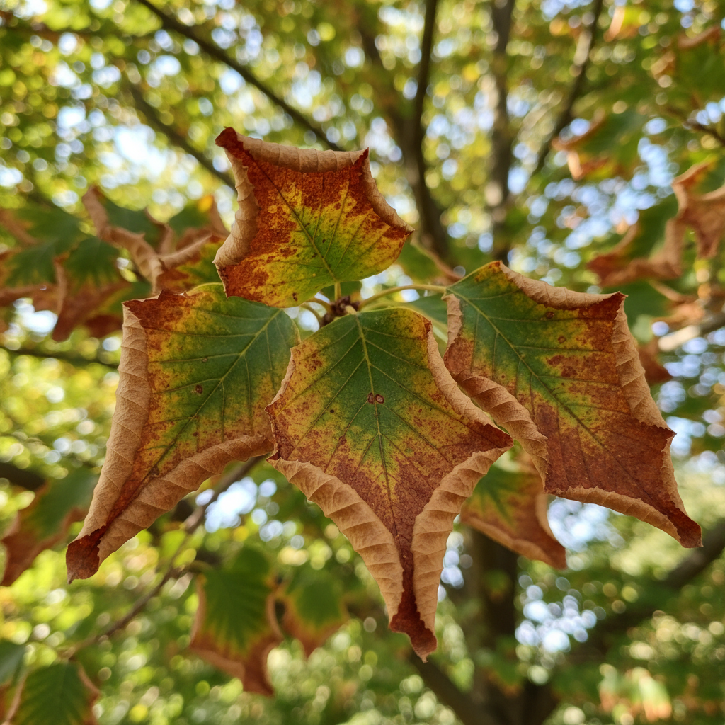 Close-up of tree leaves turning brown at the edges, indicating stress or disease.