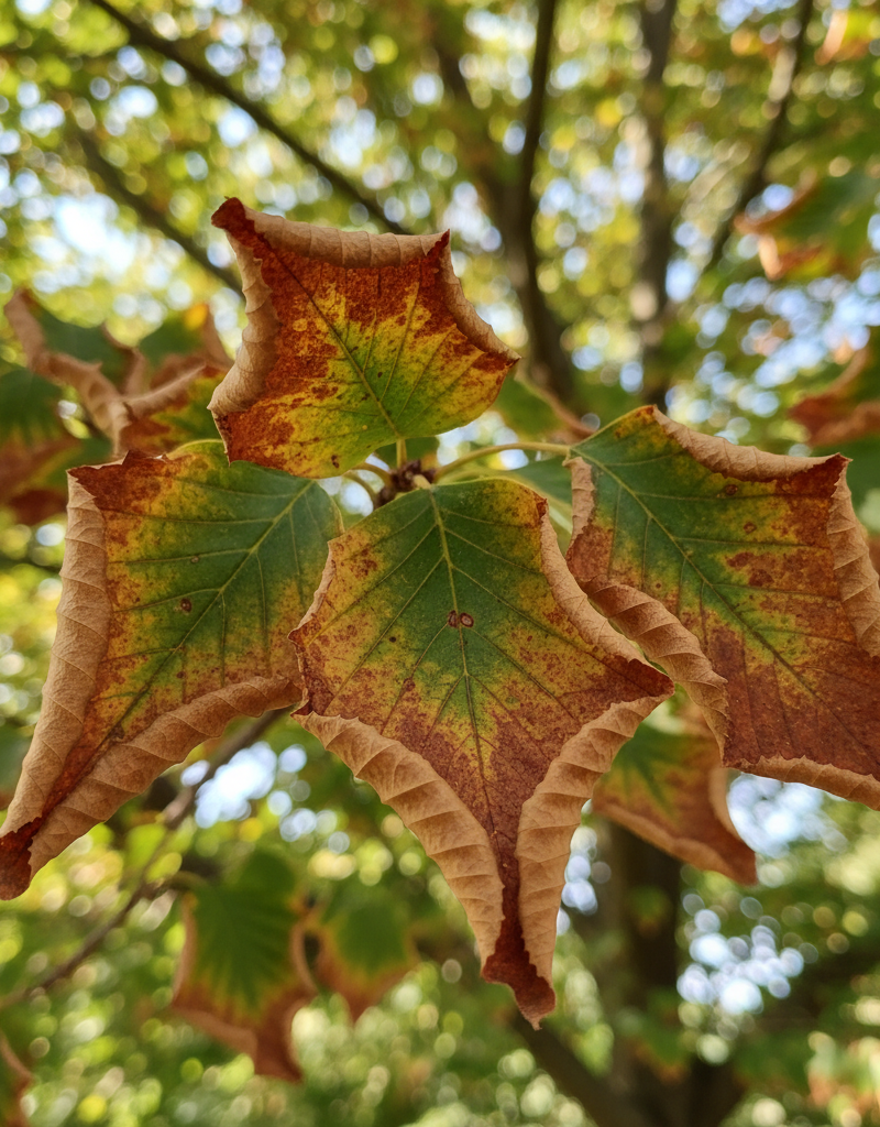 Close-up of tree leaves turning brown at the edges, indicating stress or disease.