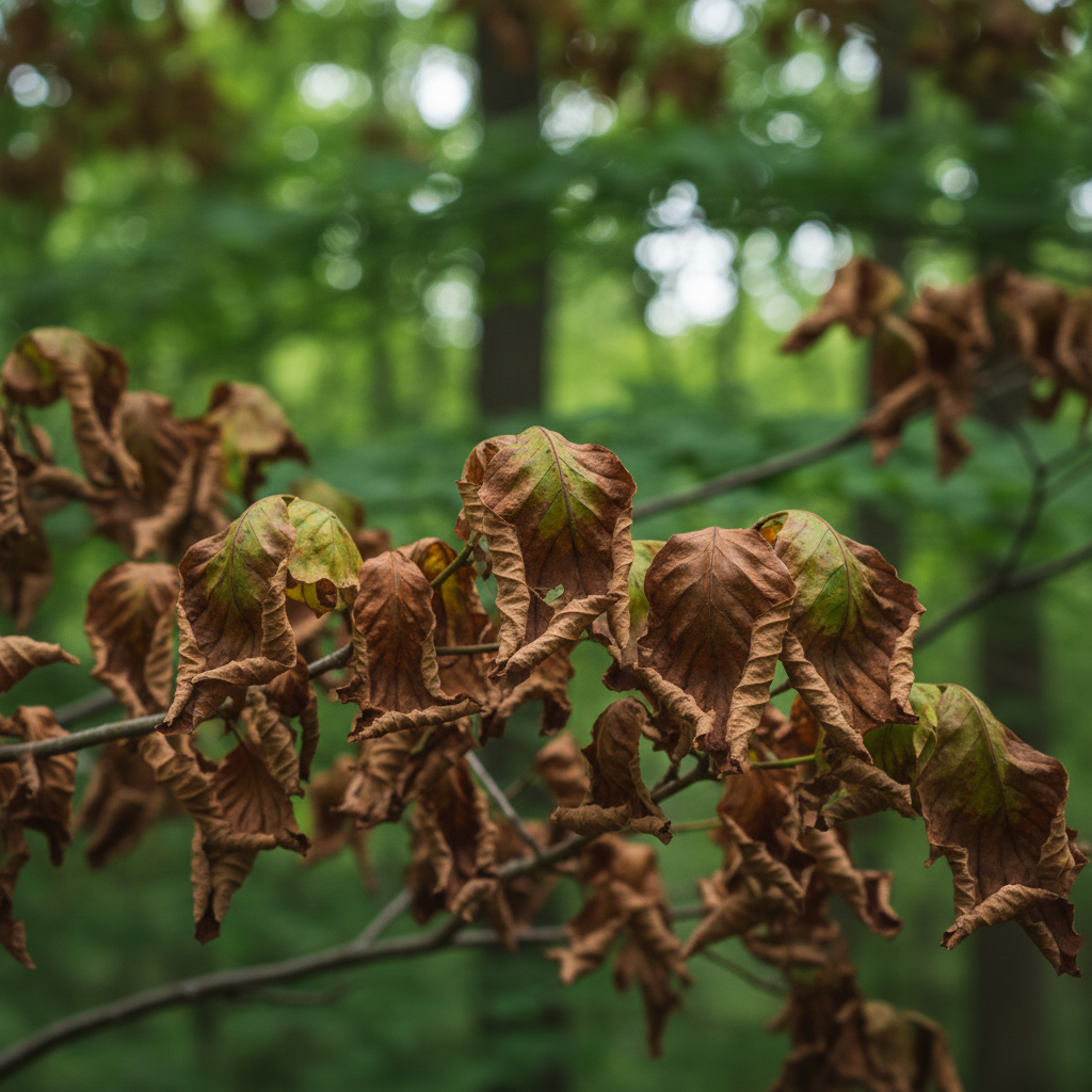 Close-up of tree leaves turning brown and curling, indicating stress or disease.