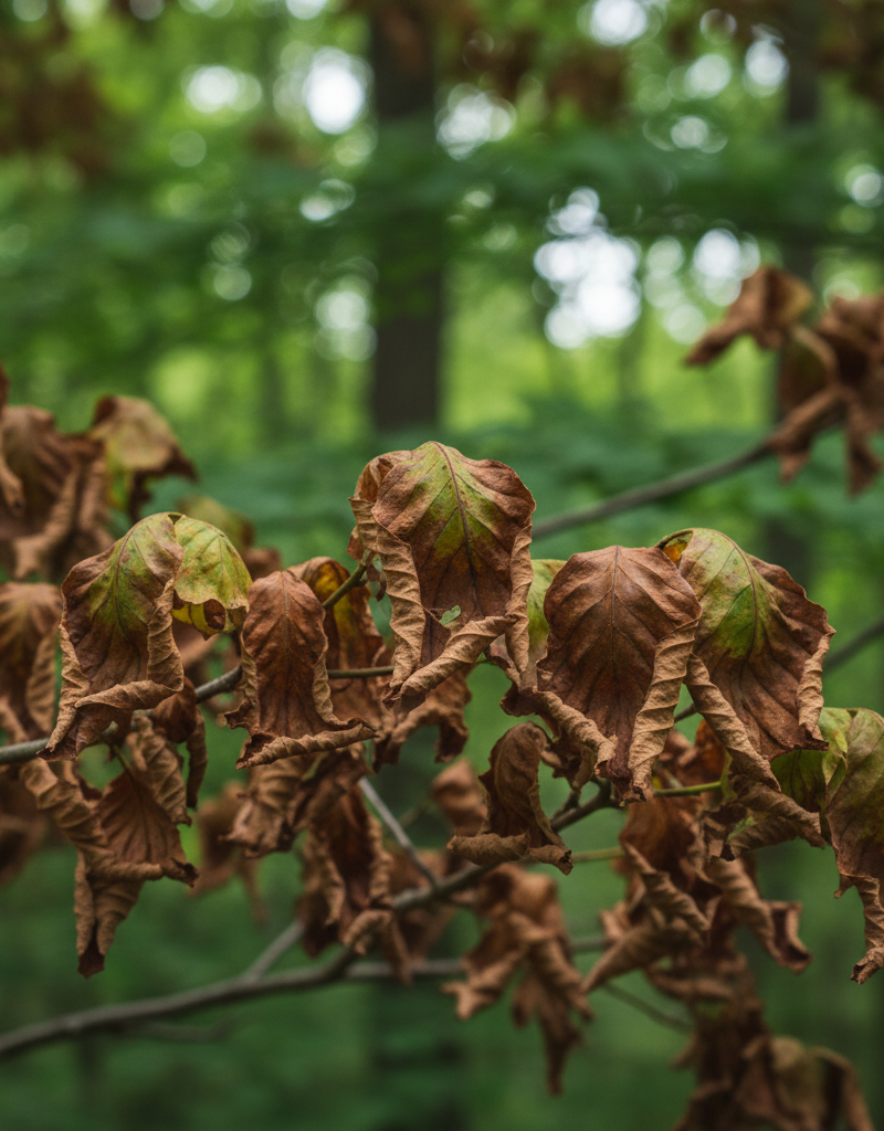 Close-up of tree leaves turning brown and curling, indicating stress or disease.