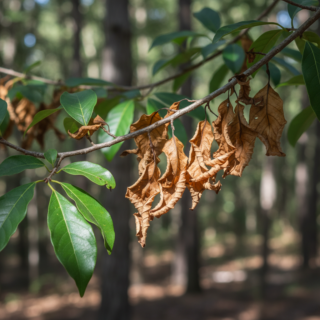 Tree branch with leaves turning brown and crispy from dehydration.