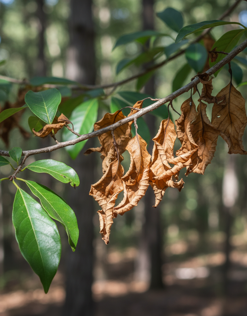 Tree branch with leaves turning brown and crispy from dehydration.