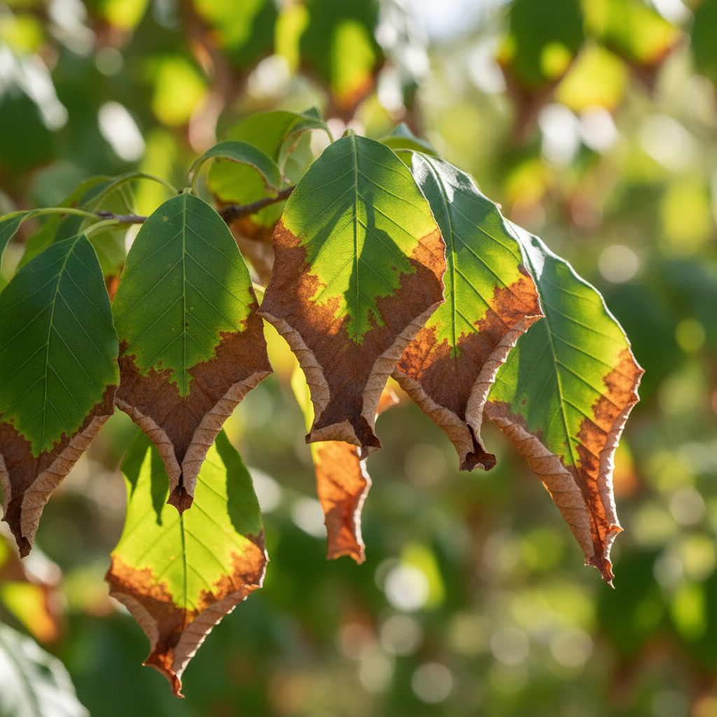 Close-up of tree leaves, some vibrant green, others turning brown and crispy at the edges, indicating drought stress.