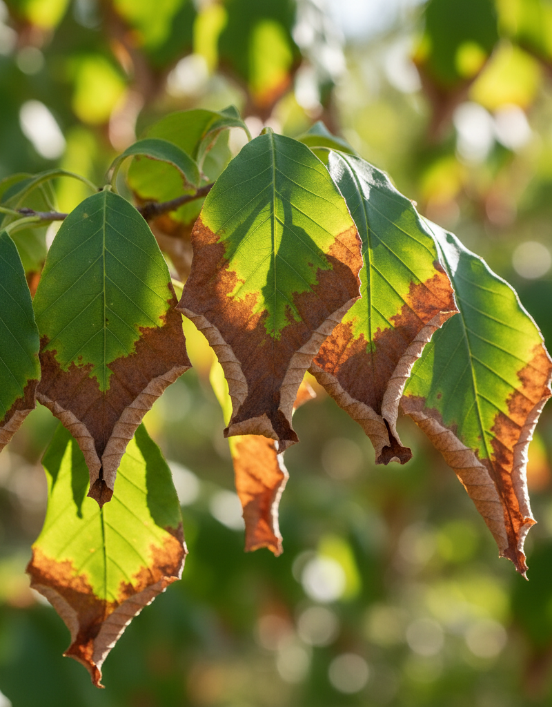 Close-up of tree leaves, some vibrant green, others turning brown and crispy at the edges, indicating drought stress.
