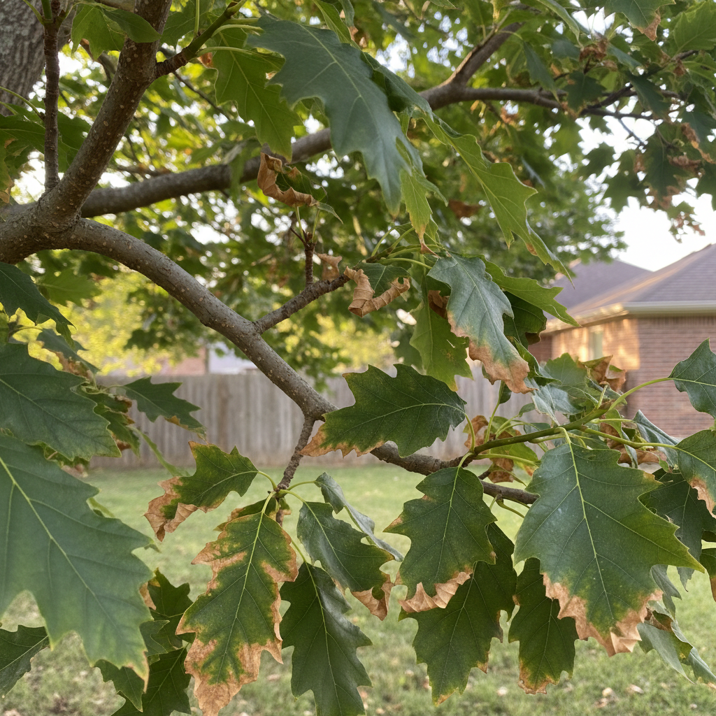 Close-up of tree leaves, some green and healthy, others with brown, crispy edges indicating leaf scorch and drought stress.
