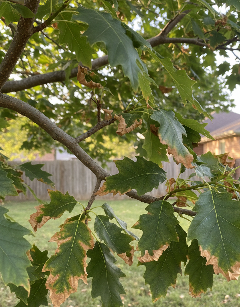 Close-up of tree leaves, some green and healthy, others with brown, crispy edges indicating leaf scorch and drought stress.