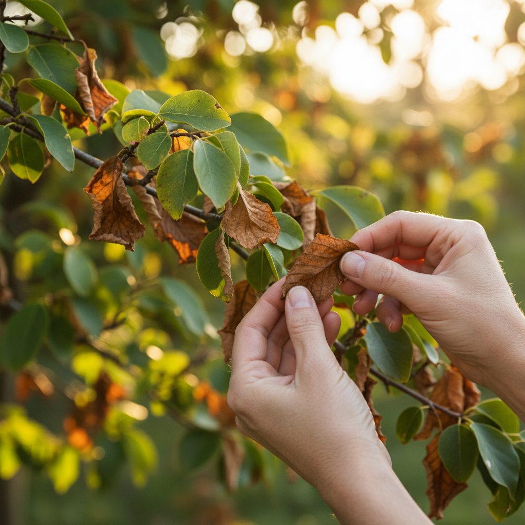 Close-up of tree leaves turning brown, with some still green, illustrating tree stress.