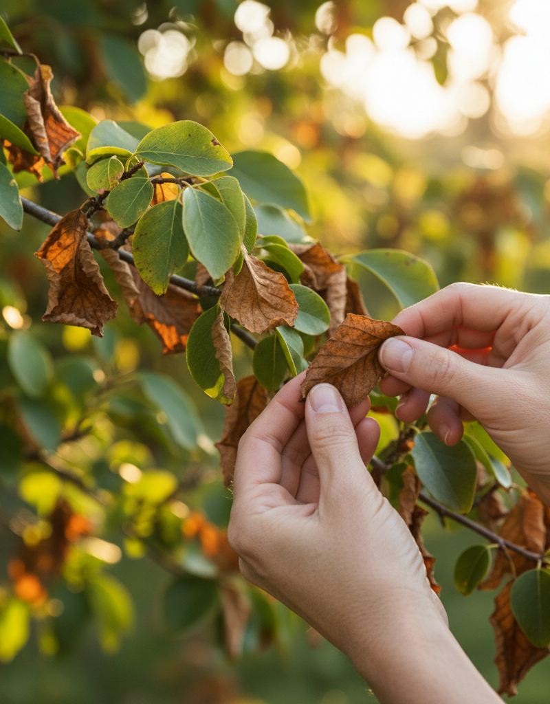 Close-up of tree leaves turning brown, with some still green, illustrating tree stress.
