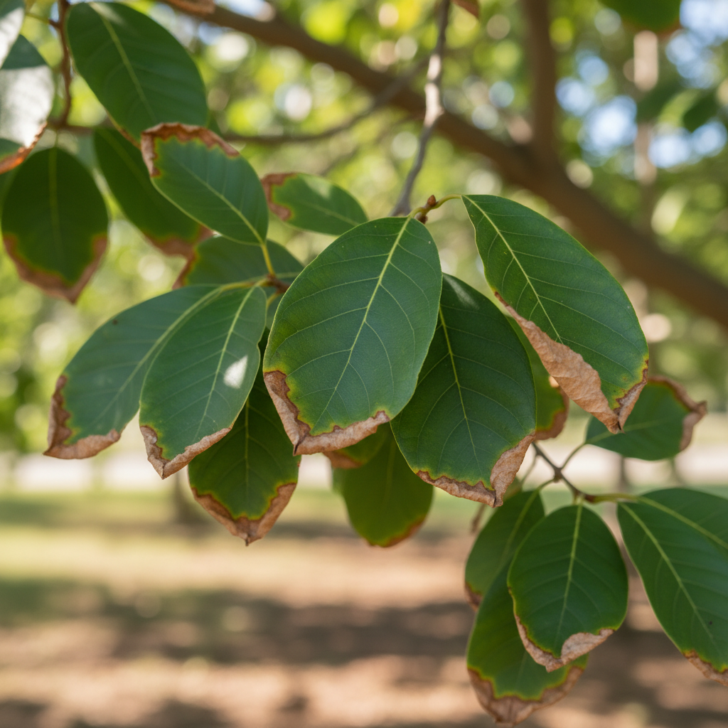 Tree leaves turning brown on the edges, indicating scorch or drought stress