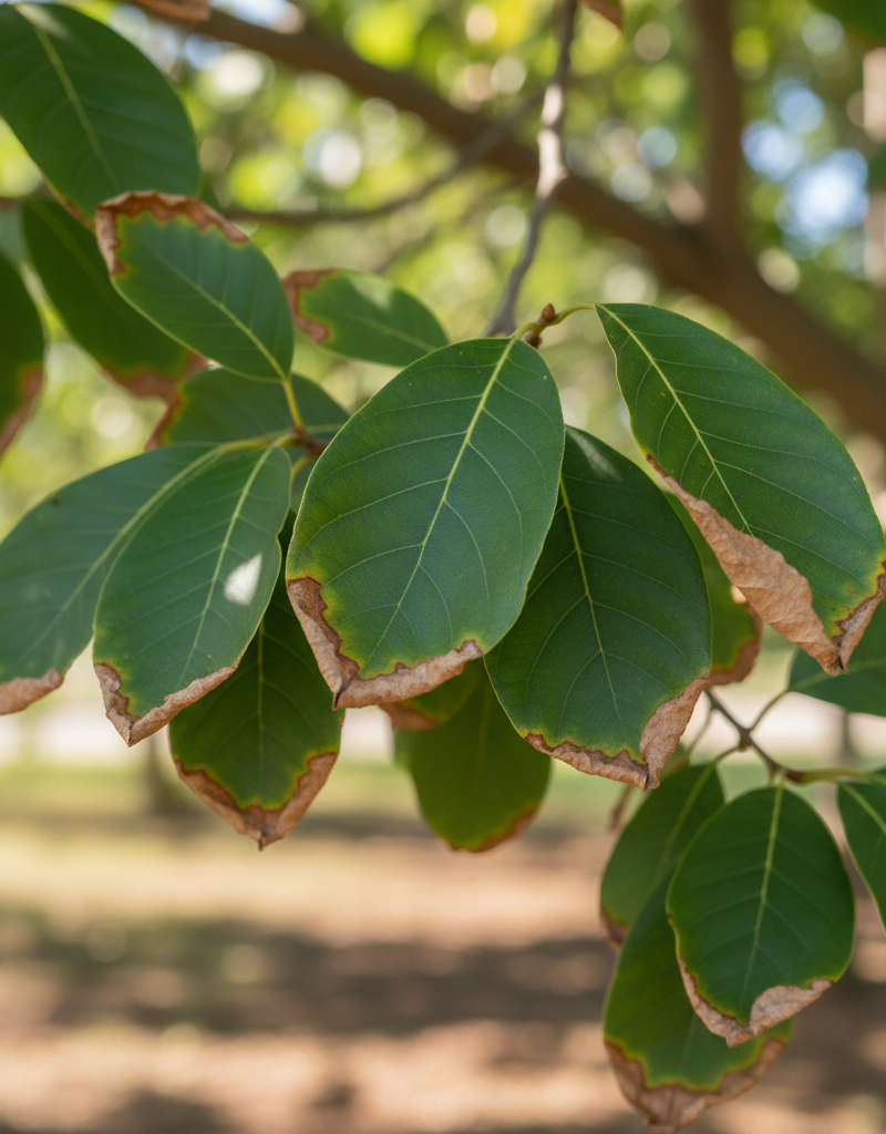 Tree leaves turning brown on the edges, indicating scorch or drought stress