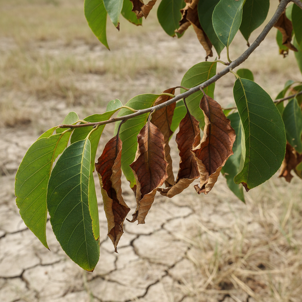 Tree with brown leaves struggling from dehydration in dry soil, close up.