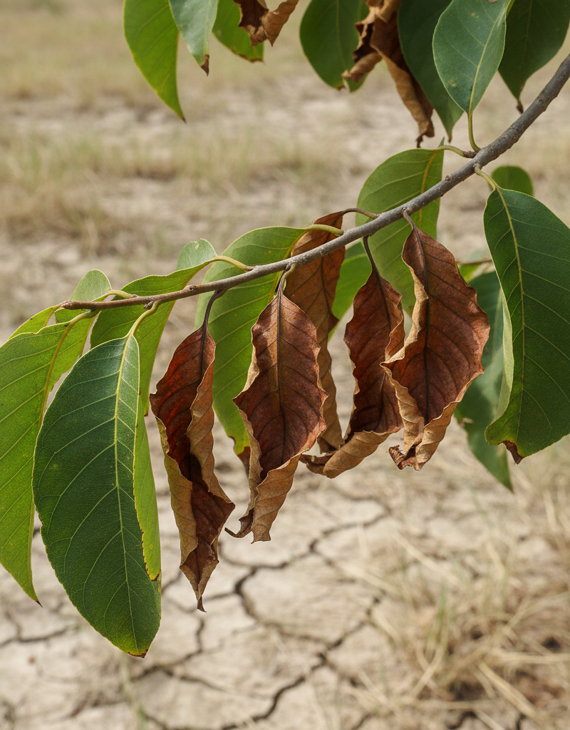 Tree with brown leaves struggling from dehydration in dry soil, close up.