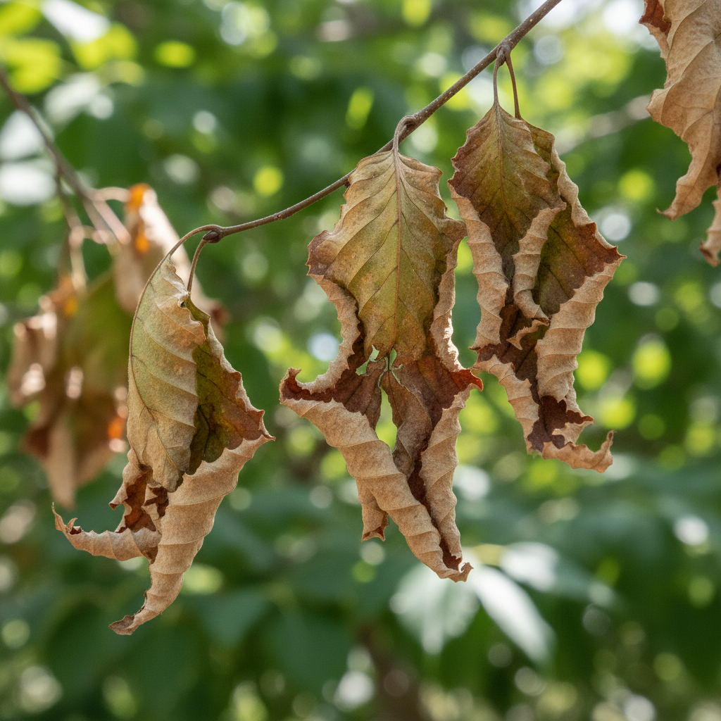 Close-up of brown, dry tree leaves showing wilting from drought stress against a green background.