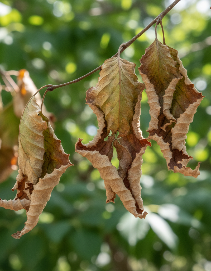 Close-up of brown, dry tree leaves showing wilting from drought stress against a green background.