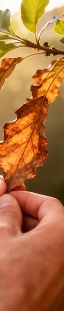 Homeowner inspecting browning tree leaves in summer garden, symptoms of dehydration