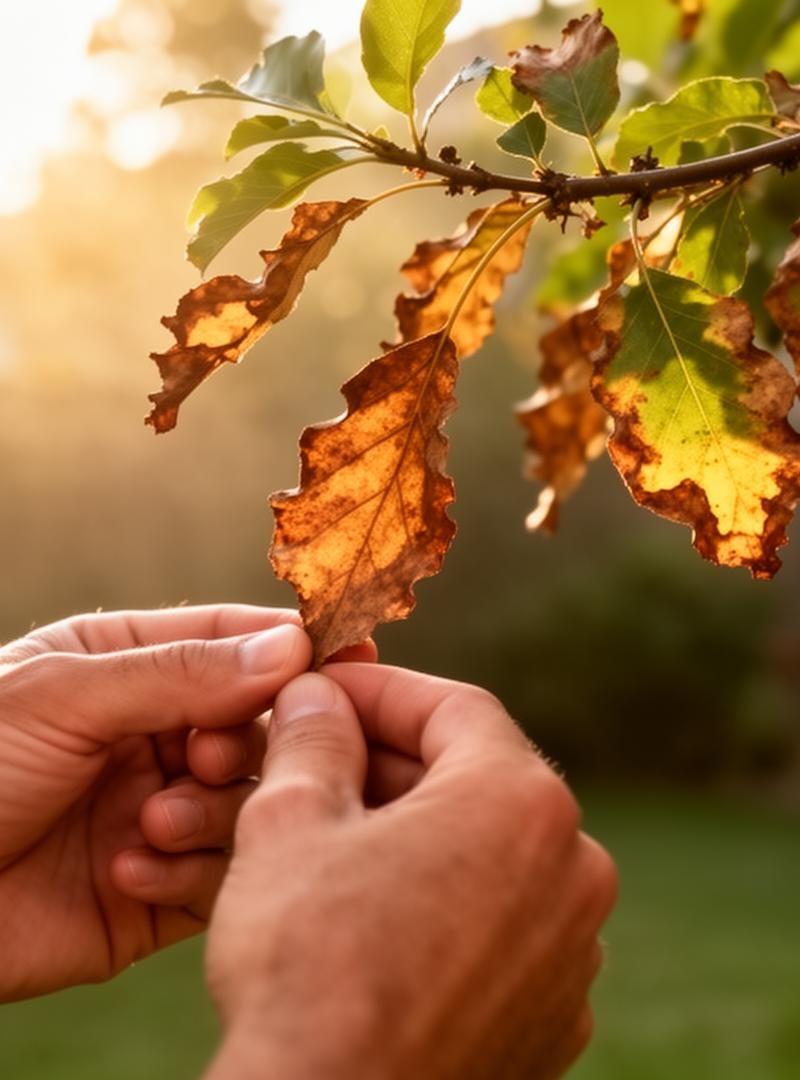 Homeowner inspecting browning tree leaves in summer garden, symptoms of dehydration