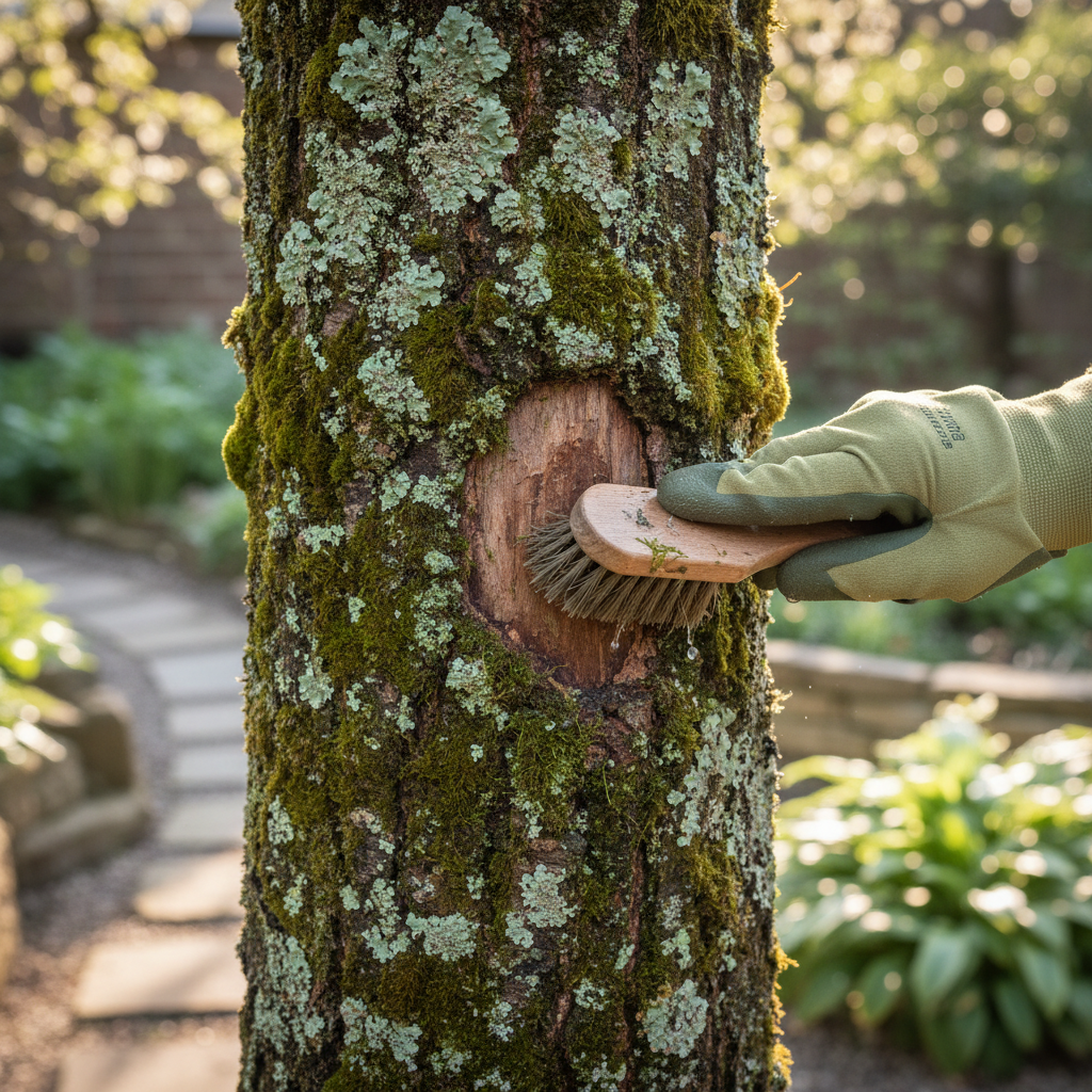 Gloved hand gently scrubbing moss and lichen off a tree trunk with a stiff brush.