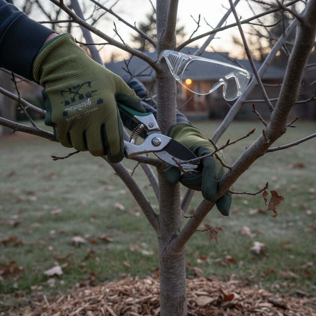 Homeowner carefully pruning a bare deciduous tree branch in winter with hand pruners