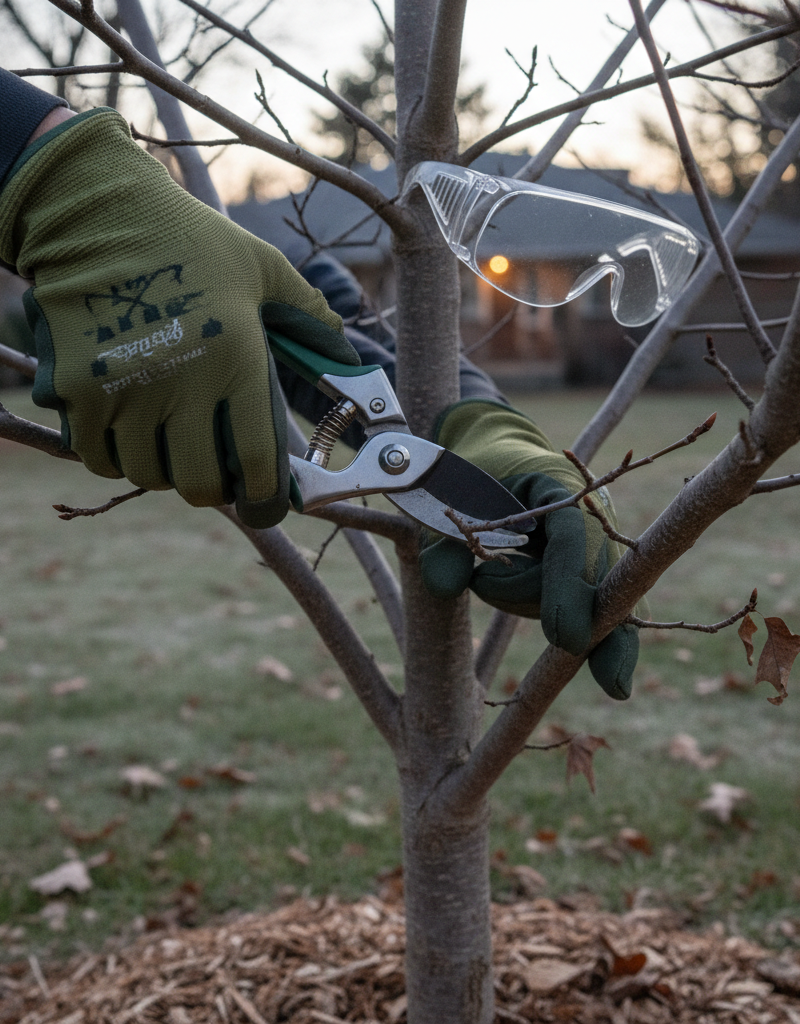 Homeowner carefully pruning a bare deciduous tree branch in winter with hand pruners