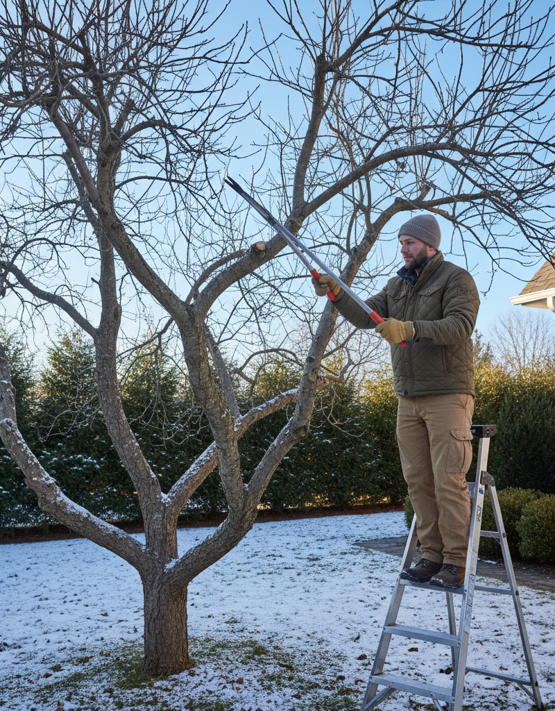 Homeowner pruning a dormant deciduous tree in winter to avoid common mistakes and ensure tree health.