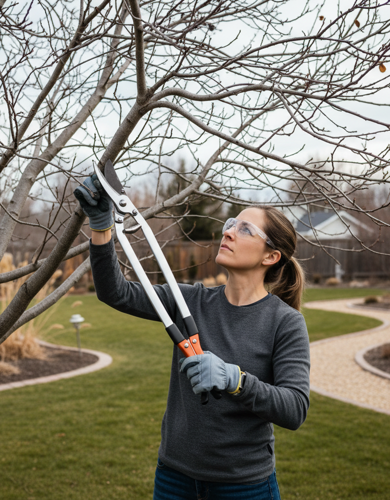 Homeowner in late winter preparing to prune a dormant shade tree with hand pruners
