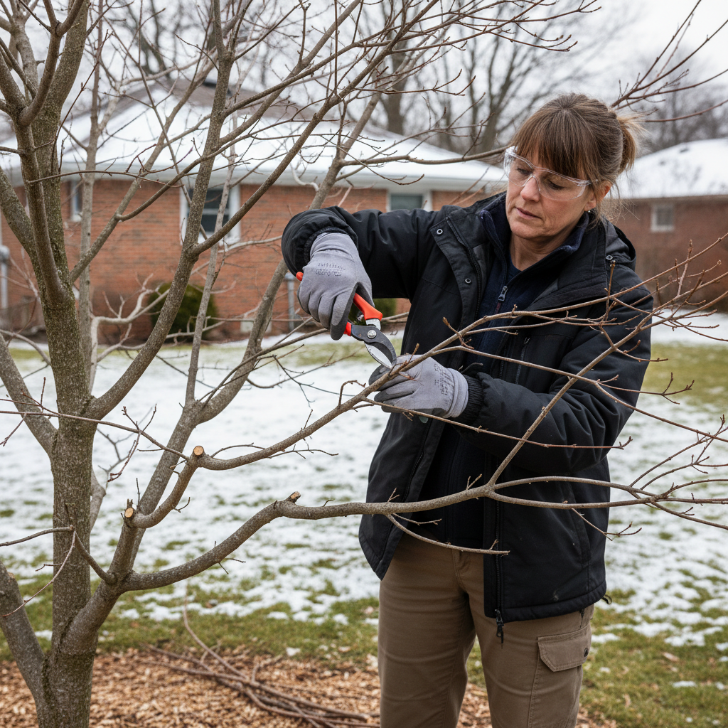 Homeowner pruning a dormant tree in late winter with hand pruners.