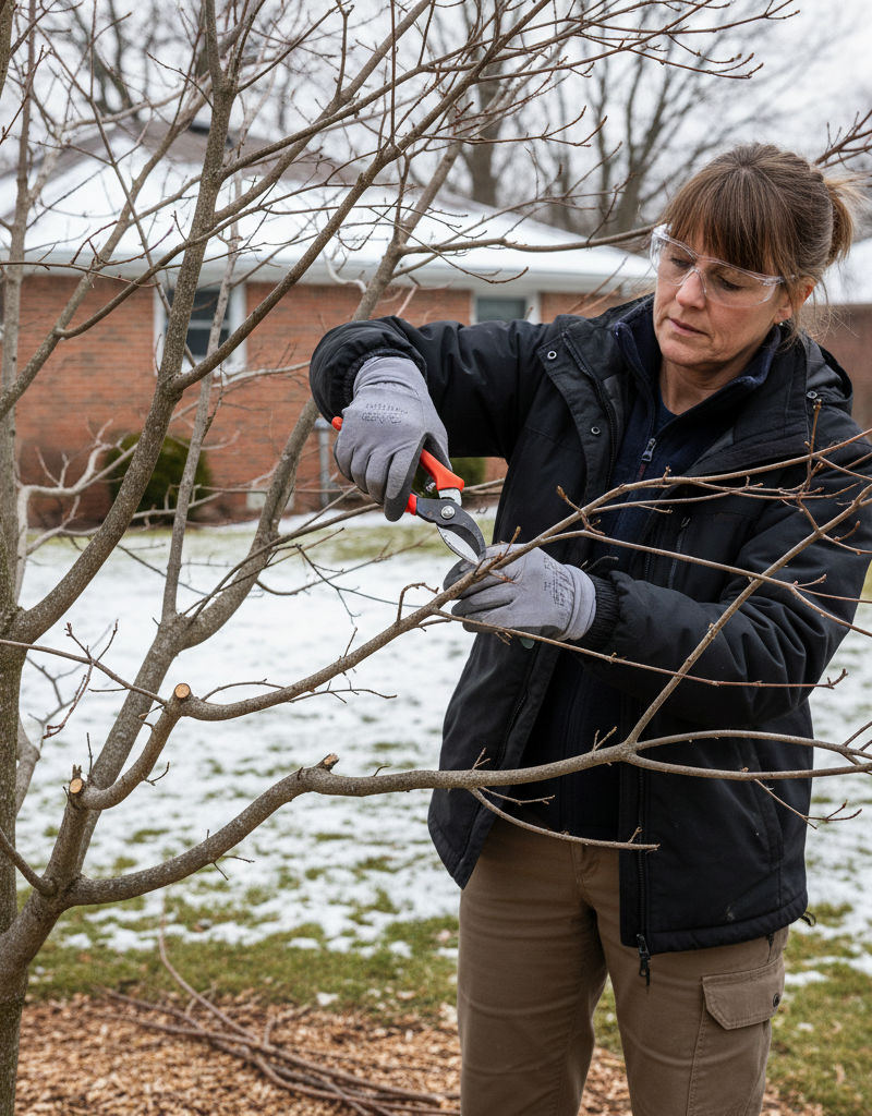 Homeowner pruning a dormant tree in late winter with hand pruners.