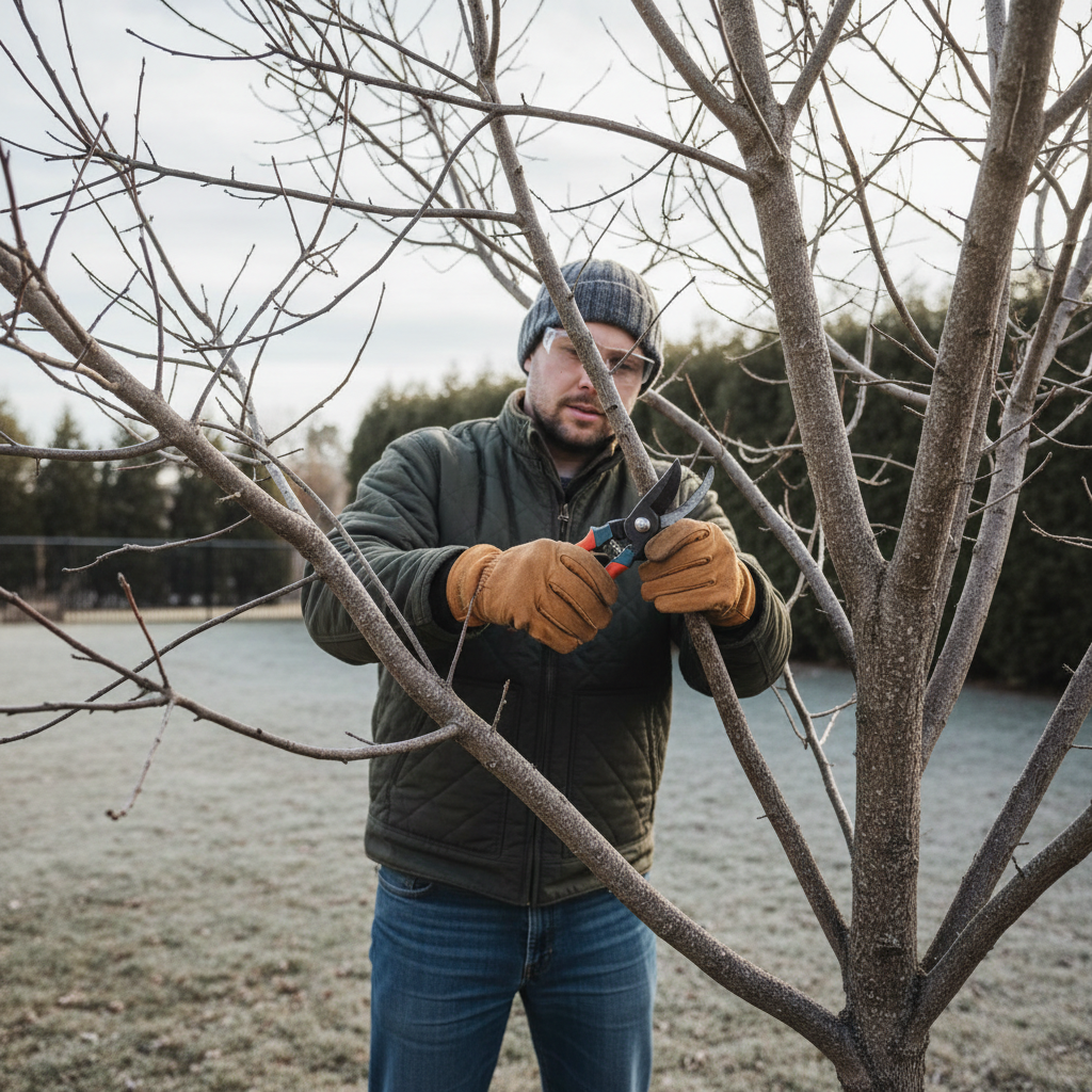Homeowner pruning a dormant deciduous tree in late winter with bypass pruners.