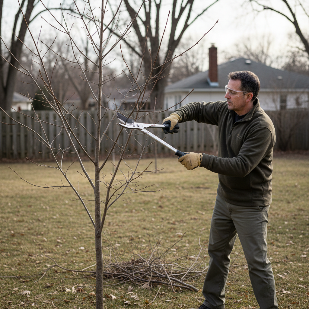 Homeowner carefully pruning a deciduous tree in late winter to improve its structure and health.