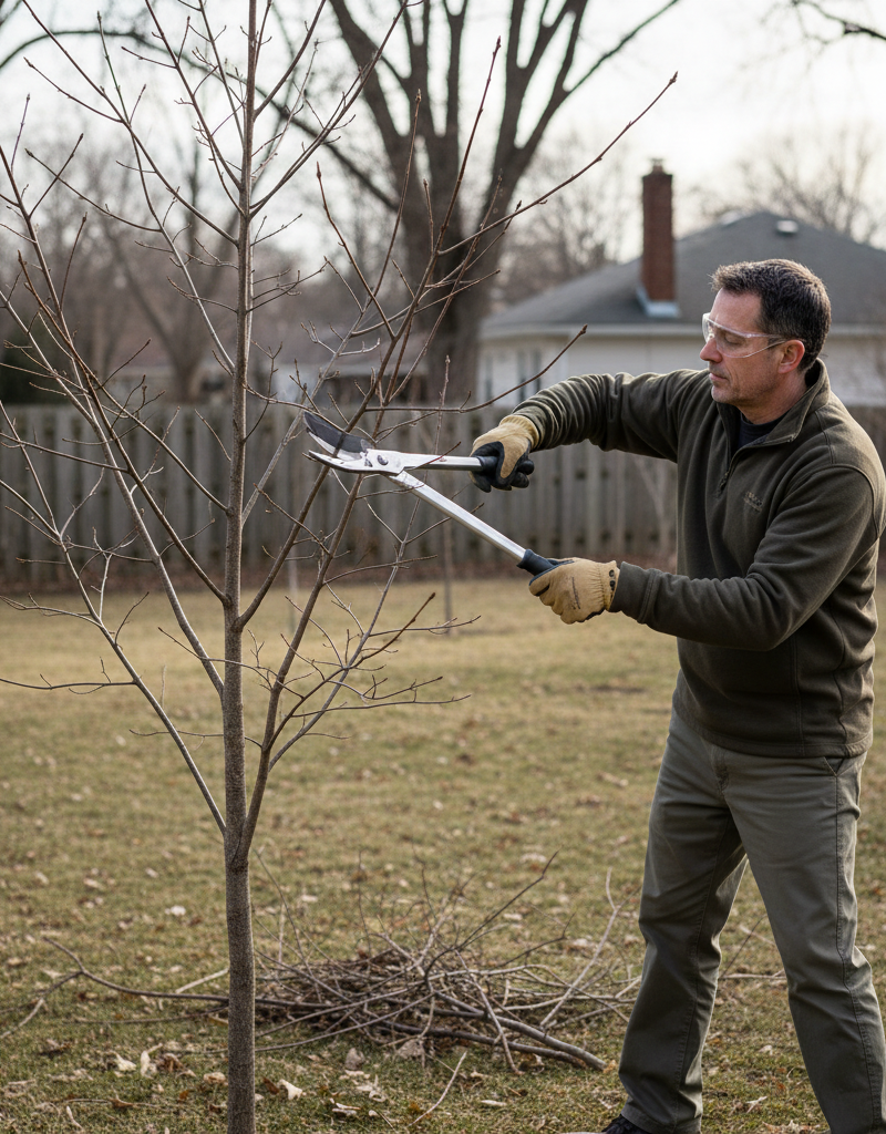 Homeowner carefully pruning a deciduous tree in late winter to improve its structure and health.