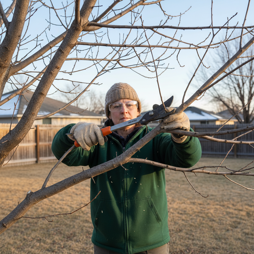 Homeowner pruning a dormant deciduous tree in late winter with loppers