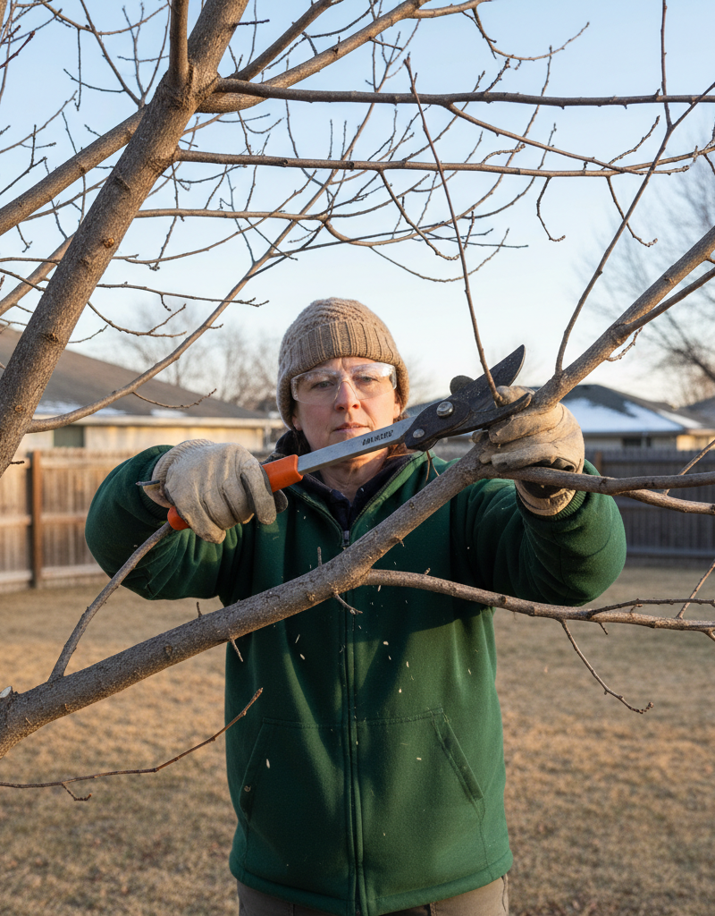Homeowner pruning a dormant deciduous tree in late winter with loppers