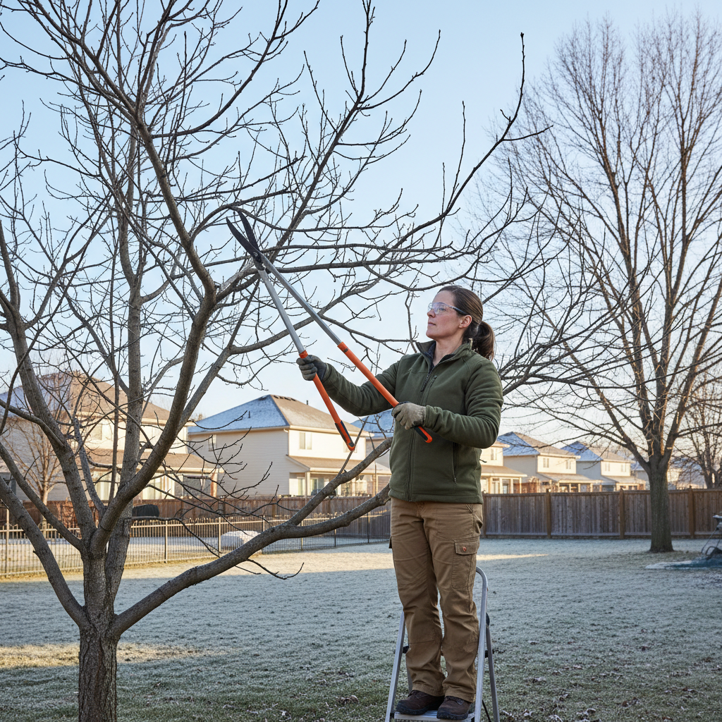 A homeowner pruning a dormant deciduous tree in late winter to illustrate correct timing.