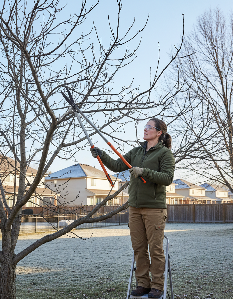 A homeowner pruning a dormant deciduous tree in late winter to illustrate correct timing.