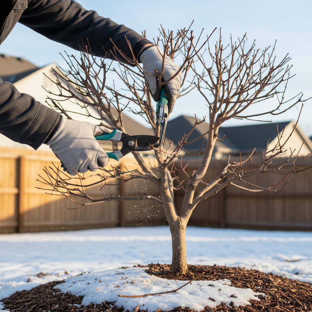 Homeowner carefully pruning a dormant deciduous tree in late winter with bypass pruners.